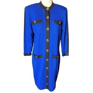 Vtg St John Santana Knit Blue Duster Coat Dress Gold Crest Buttons USA Sz 8